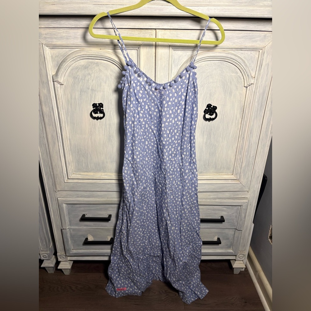 Simply Southern Dots‎ Blue Pom Pom Maxi Dress Preppy Effortless Beach Nautical - Picture 3 of 9
